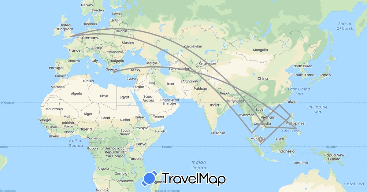 TravelMap itinerary: driving, plane in China, United Kingdom, Greece, Philippines, Singapore, Thailand, Vietnam (Asia, Europe)