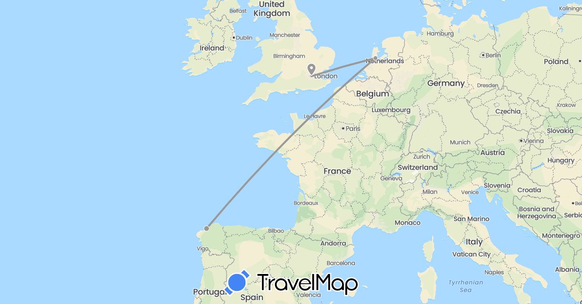 TravelMap itinerary: driving, plane in Spain, United Kingdom, Netherlands (Europe)