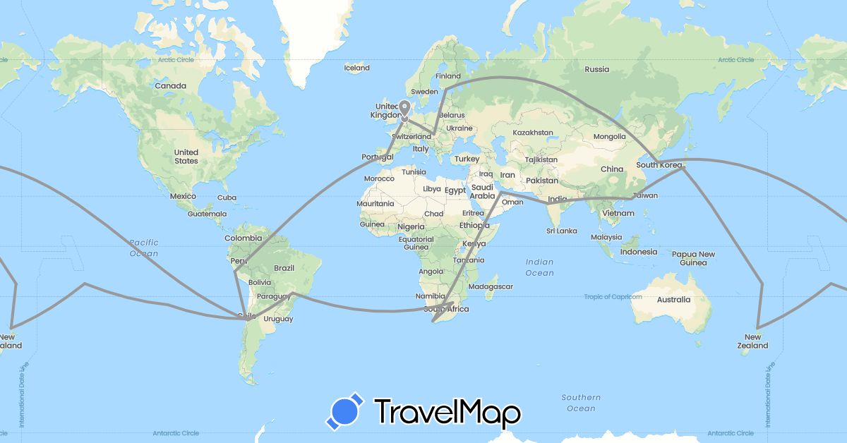 TravelMap itinerary: driving, plane in Brazil, Chile, China, Spain, Finland, Fiji, France, Hungary, India, Japan, South Korea, Netherlands, New Zealand, Peru, Qatar, Russia, South Africa (Africa, Asia, Europe, Oceania, South America)